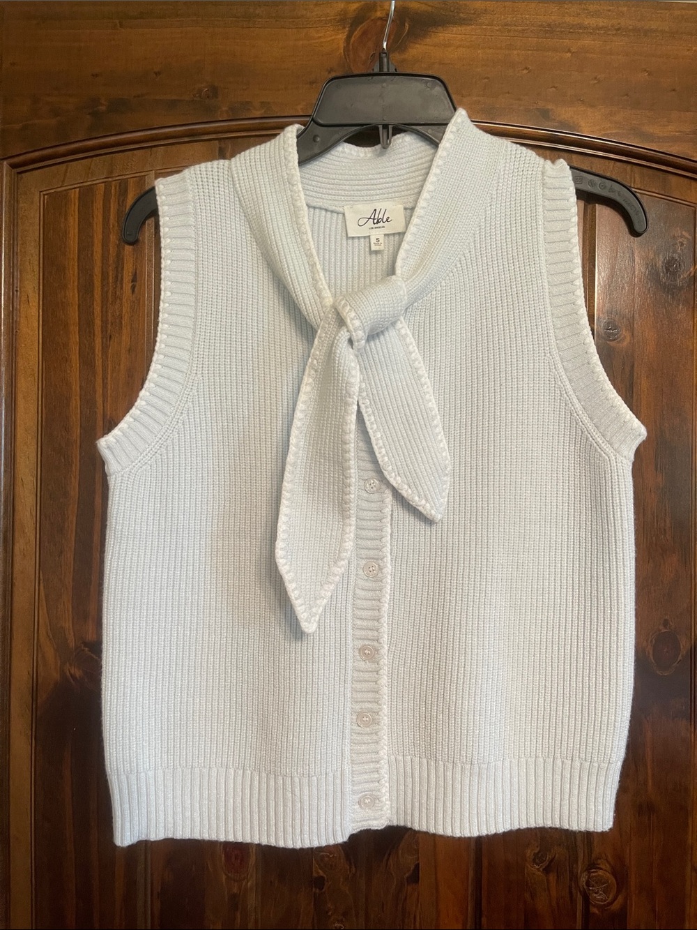 Able Sleeveless Knit Cardigan with Neck Tie in Pale Blue